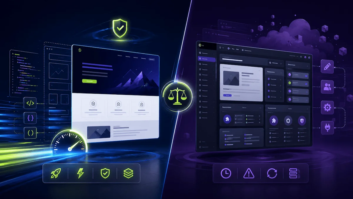 Comparación visual entre una web estática rápida y un panel de gestión de contenidos